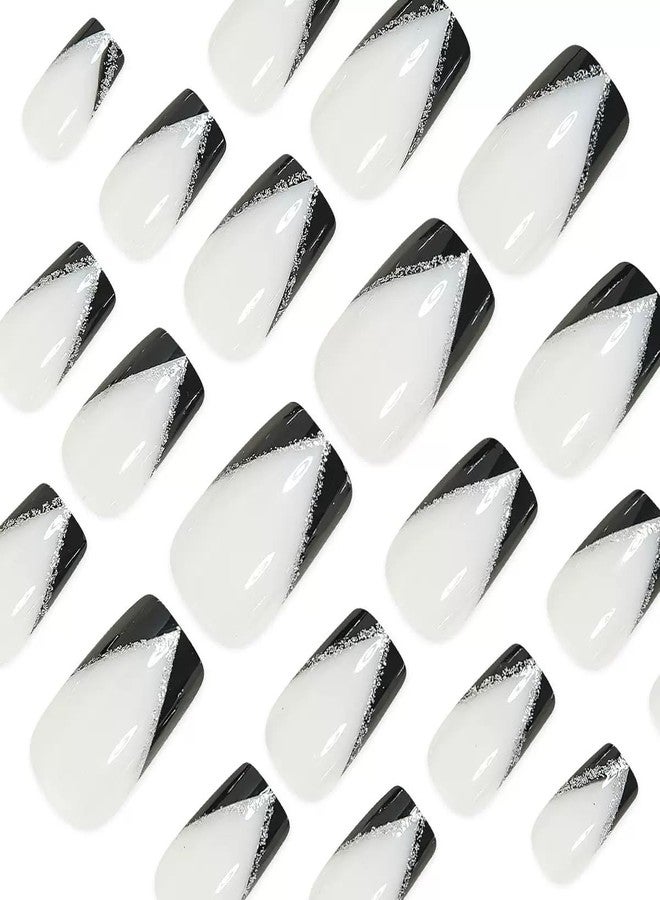 CTTHNBD Square Press on Nails Medium - Black French Tip Fake Nails with Glitter Design - Wihte False Nails， Glossy Stick on - for Women 24 Pcs - Image 3